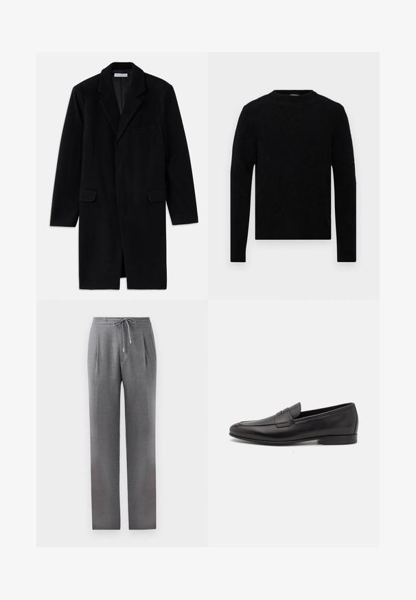 Black wool coat with a notch lapel, structured design, two front pockets, and single button closure. Smooth texture and tailored fit.; Filippa K SWEATER - Jumper - black; Gray, tailored trousers with a drawstring waist, pleats, and straight legs. Fabric texture is smooth, with a subtle patterned finish.; Black leather men's loafer with a low heel and a classic penny strap design, shown in side profile on a white background.