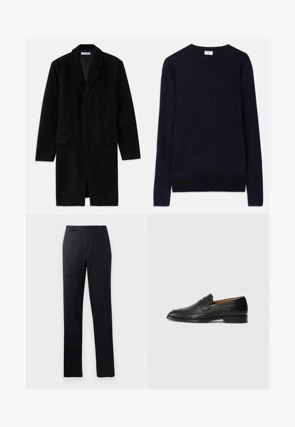Schwarzer Wollmantel mit Reverskragen, strukturiertem Design, zwei vorderen Taschen und einem Knopfverschluss. Glatte Textur und taillierte Passform.; Marineblauer Rundhalsausschnitt-Pullover aus weichem Stoff, mit langen Ärmeln und gerippten Details an Kragen und Saum. Sauberes, minimalistisches Design.; Schwarze Hose mit geradem Bein, ausgestattet mit einer glatten Textur und einem flachen Bund, geeignet für formelle oder lässige Anlässe.; Schwarze Leder-Slipper mit runder Zehenform, dezenten gestickten Details und niedrigem Absatz, ausgestattet mit glatter Textur und minimalistischem Design.