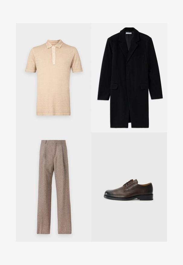 Černý vlněný kabát s klopovým límcem, strukturovaným designem, dvěma předními kapsami a zapínáním na jeden knoflík. Hladká textura a přizpůsobený střih.; Béžové polo tričko s krátkými rukávy, s légou na tři knoflíky a texturovaným povrchem. Vkusný design s klasickým límcem.; Hnědé kalhoty s vysokým pasem vyrobené z texturované látky. Mají široké nohavice a dva přední sklady pro strukturu. Úhledné provedení bez viditelné kovových částí.; Hnědá kožená bota s kulatou špičkou, nízkým podpatkem, šněrovacím designem a hladkým povrchem. Má minimální švy a leštěný povrch.