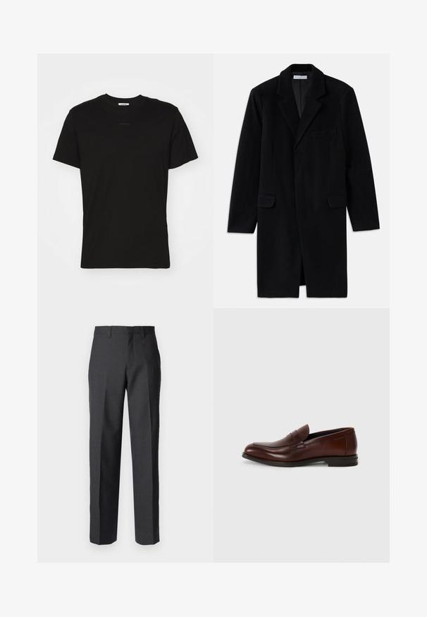 Melna vilnas mētelis ar iedzimtu uzacīm, strukturētu dizainu, divām priekšējām kabatām un vienu pogu aizdari. Gluda tekstūra un pielāgota piegriezne.; Melnas kokvilnas t-krekls ar klasisku apaļu kakla dizainu, īsām piedurknēm un izteiksmīgu zīmolu uz priekšpuses. Gluda tekstūra, bez rakstiem.; Tumši pelēki piegriezti bikses ar taisnu priekšpusi, jostu cilpiņām un taisnu kāju griezumu; gluda tekstūra, bez redzamām rakstām.; Brūni ādas loaferi ar noapaļotu purngalu, priekšējo siksniņu un zemu krautu papēdi. Gluda tekstūra ar minimāliem dekoratīviem akcentiem.