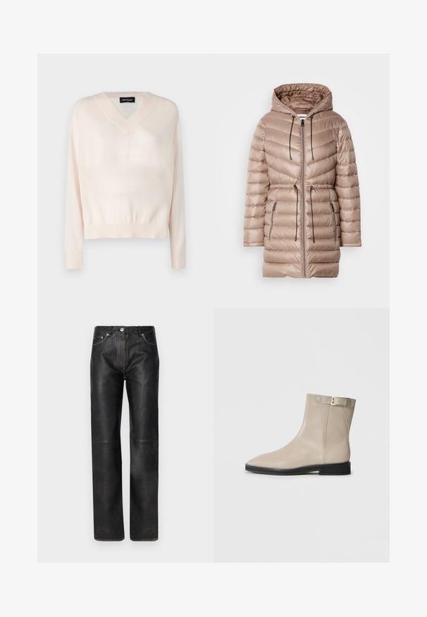 Manteau beige rembourré avec capuche, doté d'une fermeture éclair à l'avant, d'une taille avec cordon de serrage et d'accents noirs. Fait en tissu lisse et brillant avec un design matelassé.; Repeat Pullover - pearl; Pantalons en cuir noir avec une coupe droite, dotés de détails de couture subtils, d'une fermeture à bouton en métal et de poches placées de manière classique.; Bottes en cuir beige à la cheville avec un bout pointu, semelle noire, talon bas et une sangle à boucle dorée sur le côté externe, présentées sur un fond blanc.