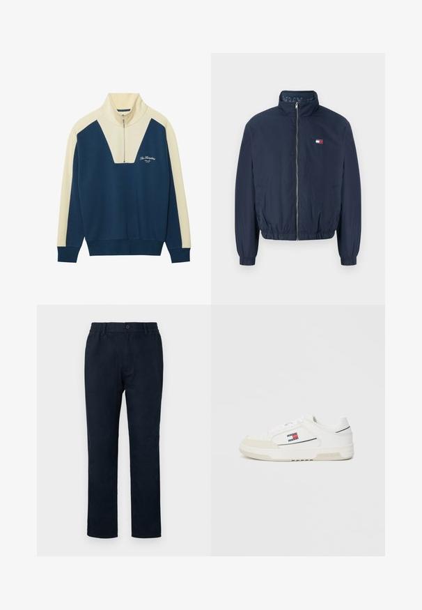 Navy blue bomber jacket with a high collar, elasticated cuffs, and waistband. Features a zipper closure and small logo detail on the chest.; Navy and cream pullover sweater with a half-zip collar, featuring a V-shaped design and logo text on the chest. Soft cotton blend material.; Navy chinos with an elastic waistband, a front button closure, and a straight leg design. Smooth texture with no visible patterns.; White sneakers with a smooth leather upper and suede toe cap, featuring a small red, white, and blue logo on the side and textured sole.