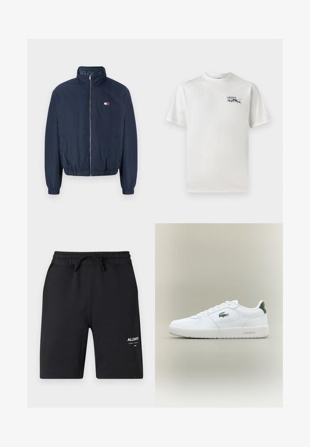 Jachetă bomber de culoare albastru marin, cu guler înalt, manșete și talie elastice. Prezintă un închizător cu fermoar și un detaliu mic cu logo pe piept.; Tricou alb din bumbac, cu guler rotund, mâneci scurte și un mic logo brodat care înfățișează munți și text pe partea stângă a pieptului.; Pantaloni scurți negri din bumbac, cu talie elastică, șnur de ajustare și detalii albastre cu logo. Textură fină și design până la genunchi.; Tenisuli din piele albă cu un finisaj neted, accesorii verzi pe tocul încălțămintei și un logo verde pe lateral. Dispune de o talpă plată și vârf rotund.