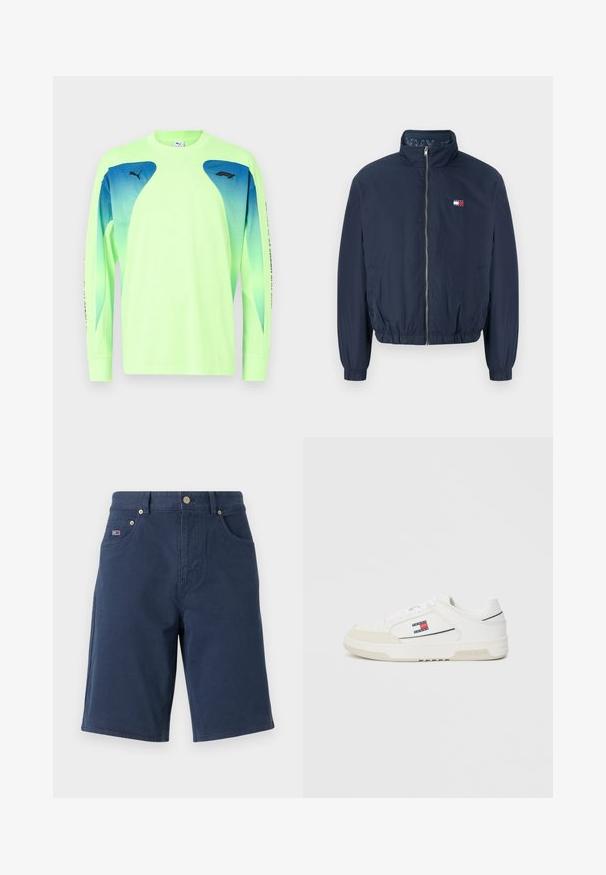 Marineblaue Bomberjacke mit hohem Kragen, elastischen Bündchen und Saum. Verfügt über einen Reißverschluss und ein kleines Logodetail auf der Brust.; Limettengrünes Langarm-Sportshirt mit blauen Verlaufsmesh-Einsätzen, ausgestattet mit gerippten Bündchen und einem schwarzen Logo auf der Brust und dem Ärmel.; Marineblaue Baumwollshorts mit geradem Schnitt, zwei Fronttaschen und einem kleinen Logopatch auf der linken Tasche. Klassischer Knopfverschluss.; Weiße Sneakers aus glattem Leder mit einer Wildleder-Zehenkappe, ausgestattet mit einem kleinen roten, weißen und blauen Logo an der Seite und einer strukturierten Sohle.