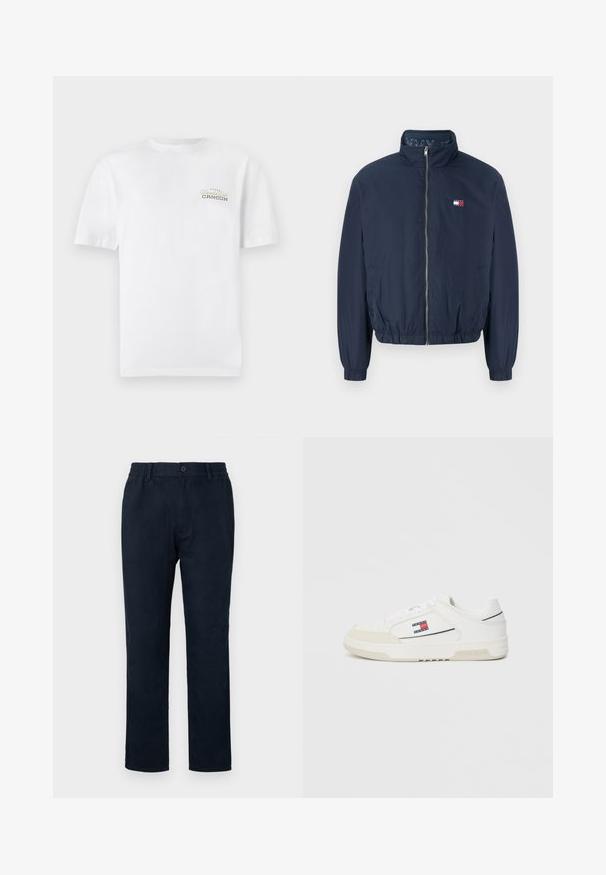 Ναυτικό μπλε bomber jacket με ψηλό γιακά, ελαστικές μανσέτες και μέση. Διαθέτει φερμουάρ και μικρή λεπτομέρεια λογότυπου στο στήθος.; Λευκό βαμβακερό T-shirt με κοντά μανίκια, στρογγυλή λαιμόκοψη και μια μικρή εκτυπωμένη λογότυπο σε μαύρο και χρυσό που γράφει "Cancun."; Σκούρο μπλε chinos με ελαστική μέση, μπροστινή κουμπότρυπα και ίσια γραμμή. Λείος υφάνισμα χωρίς ορατά σχέδια.; Λευκά αθλητικά παπούτσια με λείο δερμάτινο επάνω μέρος και σουέντ πέλμα, εμφανίζοντας ένα μικρό κόκκινο, λευκό και μπλε λογότυπο στο πλάι και υφασμάτινη σόλα.