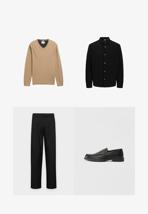 Must musta särk, mis on valmistatud tekstureeritud kangast. Omab teravat kraed, pikki varrukaid ja pruune nööpe esiküljel.; Beige V-kaelusega sall, mis on valmistatud pehmest kudumkangast, koos pikkade varrukatega ja soonikkoes äärega. Rinnal on peen logo detail.; Mustad mustadest riietest, millel on sirge jalgade disain, kaks eesmist voltimist ja tavaline vöökoht, millel on vöökohad.; Musthave nahkkingad siledast nahast, mokassiini stiilis ülevalt, tikanditega ja kummist tallaga. Klassikaline disain madala kontsaga.