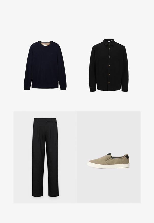 Juodas marškinėliai su priekyje užsegamomis mygtukais, pagaminti iš tekstūruoto audinio. Išskirtinės savybės – smailus apykaklė, ilgomis rankovėmis ir rudi mygtukai. ; Tamsiai mėlynas svarkas, pagamintas iš minkštos medžiagos, su apykakle, ilgomis rankovėmis ir subtiliu logotipu krūtinėje. Lygus paviršius ir laisvas siluetas.; Juodi kelnių modeliai, pagaminti iš lygios medžiagos, turi tiesią kojas, du priekiniai klostės ir standartinę juosmenį su diržo kilpomis.; Taupe spalvoti bateliai be raištelių su tekstūruotu audiniu viršuje, kontrastingais juodais kulno akcentais ir balta guma padanga. Perforuotas dizainas, užtikrinantis oro pralaidumą.