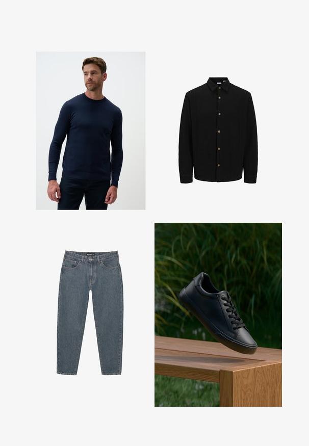 Camicia nera con bottoni, realizzata in tessuto testurizzato. Presenta un colletto a punta, maniche lunghe e bottoni marroni lungo il davanti.; Maglione girocollo a maniche lunghe di colore blu navy, realizzato in un morbido tessuto a maglia. Presenta polsini e orlo a costine per una vestibilità aderente.; Jeans in denim blu scuro con vestibilità comoda, design a cinque tasche, chiusura con bottone e orlo leggermente sfilacciato. Materiale resistente con una texture sottile.; Sneaker in pelle nera con texture liscia, punta rotonda e lacci piatti, posizionato sopra una superficie di legno con erba verde sullo sfondo.