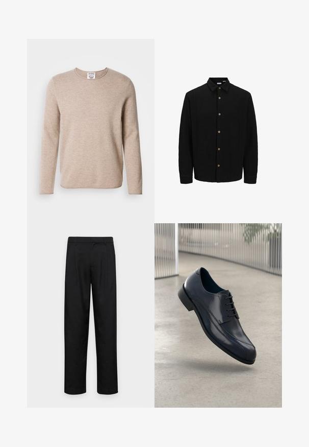 Camicia nera con bottoni, realizzata in tessuto testurizzato. Presenta un colletto a punta, maniche lunghe e bottoni marroni lungo il davanti.; Maglione beige a maniche lunghe realizzato in morbido tessuto con scollatura rotonda e orlo dritto. Caratterizzato da un motivo a maglia testurizzato e un design minimalista.; Pantaloni neri realizzati in tessuto liscio, caratterizzati da un taglio dritto, due pieghe frontali e una vita standard con passanti per la cintura.; Scarpa da cerimonia in pelle nera lucida con lacci, sospesa sopra un pavimento grigio chiaro e con barre metalliche verticali sullo sfondo.
