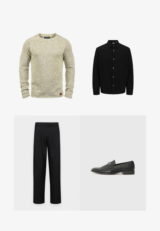 Črna srajca na gumb iz teksturirane tkanine. Ima usnjeni ovratnik, dolge rokave in rjave gumbe po sprednji strani.; Svetlo bež pleteni pulover z dolgimi rokavi, okroglo ovratnikom in teksturirano površino. Ima majhen rjav usnjen znak na robu.; Črne hlače iz gladkega materiala, s krojem ravne noge, dvema sprednjima pregiboma in standardnim pasom z zankami za pas.; Črni usnjeni loafer z gladko površino, ki ima šivano zasnovo in dekorativni kovinski verižni naglas preko vampirja. Ravno peto.