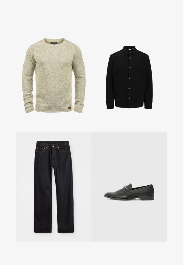 Sort skjorte med knaplukning lavet af struktureret stof. Har en spidse krave, lange ærmer og brune knapper foran.; Lys beige strikket sweater med lange ærmer, rund halsudskæring og en tekstureret finish. Har et lille brunt lædermærke i kanten.; Mænds lige ben sorte denim jeans med fem lommer og orange syninger, knap- og lynlåslukning foran på taljen.; Sorte læder loafers med en glat finish, der har et syet design og et dekorativt metal kædeaccent hen over vamps. Flad hæl.