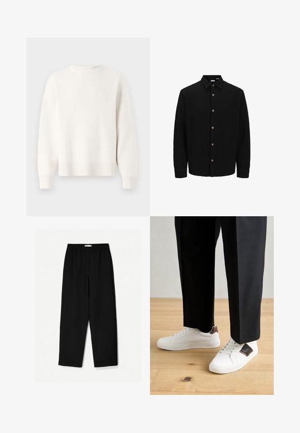 Zwarte button-up shirt van gestructureerde stof. Beschikt over een puntige kraag, lange mouwen en bruine knopen langs de voorkant.; Witte gebreide trui met een ronde halslijn, verlaagde schouders en geribbelde zoom. Zachte textuur en losse pasvorm.; Zwarte, wijde broek van een lichtgewicht stof. Voorzien van een elastische tailleband en een soepele textuur. Geen zichtbare patronen of hardware.; Witte sneakers met een gladde textuur, voorzien van bruine lederen accenten en zwarte details, gecombineerd met zwarte maatpakken. Achtergrond van houten vloeren.