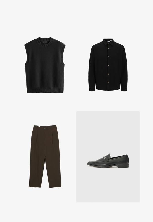 Fekete gombos ing, amely texturált anyagból készült. Jellemzője a hegyes gallér, hosszú ujjak és barna gombok az elején.; Férfi fekete ujjatlan pulóver, kötött textúrájú, kerek bordás nyakkivágással és karöltőkkel, bordás alsó szegéllyel, laza fazon minimális részletezéssel.; Sötétbarna, szabott nadrág elülső redőkkel, övhurkokkal és gombos záródással a deréknál.; Fekete bőr loaferek sima felülettel, varrott mintával és díszítő fém lánccal a cipő elején. Lapos sarok.
