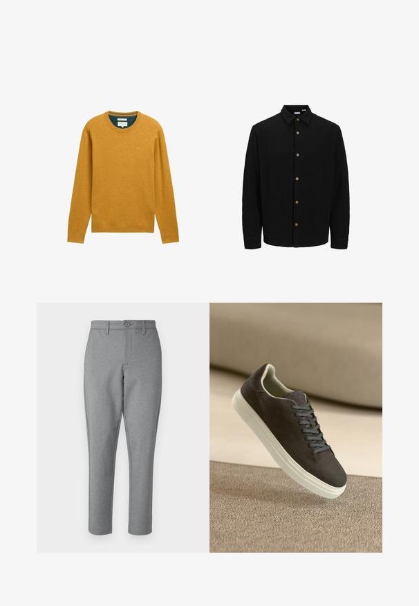 Camasa neagră cu nasturi, realizată dintr-un material texturat. Are guler ascuțit, mâneci lungi și nasturi maro pe față.; Pulover mustar galben cu mâneci lungi și decolteu rotund. Fabricat din țesătură moale, are margini ribbate și un logo mic pe piept.; Pantaloni gri, croiți pe măsură, cu o textură subtilă, tăietură dreaptă și închidere frontală cu nasture. Au bucle pentru curea și buzunare laterale.; Sneaker din suede gri închis cu șireturi asortate și talpă din cauciuc albă, poziționat deasupra unei suprafețe bej texturate cu un fundal moale.