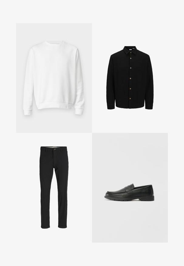 Camicia nera con bottoni, realizzata in tessuto testurizzato. Presenta un colletto a punta, maniche lunghe e bottoni marroni lungo il davanti.; Felpa bianca a collo rotondo realizzata in morbido cotone. Maniche lunghe, polsini e orlo a coste, texture liscia e design minimalista.; Pantaloni neri in cotone misto con vestibilità slim, dotati di chiusura con bottone, tasche e orli arrotolati per un look informale.; Mocassini neri in pelle con una finitura liscia, parte superiore in stile mocassino, dettagli cuciti e suola in gomma. Design classico con tacco basso.