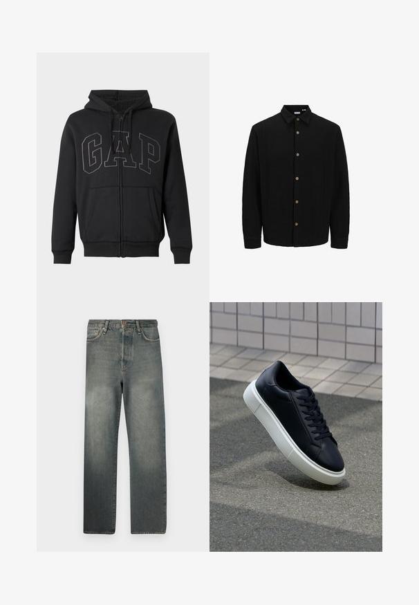 Melns krekliņš ar pogām, izgatavots no strukturētas auduma. Iekļauj norādītu apkakli, garas piedurknes un brūnas pogas priekšpusē.; Melnā sporta džemperis ar rāvējslēdzēju, priekšējām kabatām, kapuci ar auklām un lielu izšūtu "GAP" logo uz krūtīm, iekšpusē ar mīkstu flīsa oderi.; Jack & Jones JJIALEX JJCOOPER - Plati džinsi - black denim; Melnas ādas kedas ar noapaļotu pirkstu un baltu gumijas zoli. Iespējas - plakanas šņorītes un minimāla apdare augšdaļā. Struktūrēta zole, lai nodrošinātu saķeri.