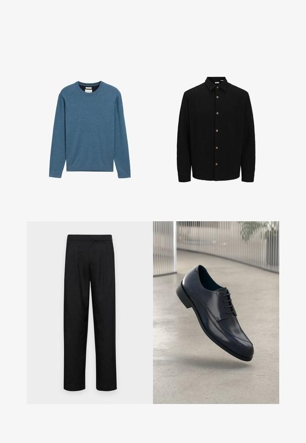Črna srajca na gumb iz teksturirane tkanine. Ima usnjeni ovratnik, dolge rokave in rjave gumbe po sprednji strani.; Modra dukserica s crewneck iz mehkega bombaža, dolge rokave, ribane manšete in spodnji rob ter majhen logotip na sprednji strani.; Črne hlače iz gladkega materiala, s krojem ravne noge, dvema sprednjima pregiboma in standardnim pasom z zankami za pas.; Svetleče črne usnjene čevlje za obleko z vezalkami, ki lebdi nad gladko, svetlo sivo tlemi ter vertikalnimi kovinskimi palicami v ozadju.