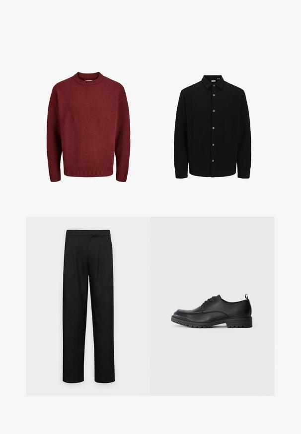 Camicia nera con bottoni, realizzata in tessuto testurizzato. Presenta un colletto a punta, maniche lunghe e bottoni marroni lungo il davanti.; Maglioncino rosso a maglia con collo rotondo, polsini e orlo a costine, realizzato in un tessuto testurizzato. La silhouette è rilassata e oversize.; Pantaloni neri realizzati in tessuto liscio, caratterizzati da un taglio dritto, due pieghe frontali e una vita standard con passanti per la cintura.; Scarpa da uomo in pelle nera con una texture liscia, punta tondeggiante, lacci sul davanti e suola in gomma resistente con un motivo in rilievo.