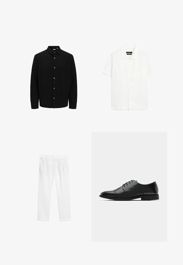 Black button-up shirt made of textured fabric. Features a pointed collar, long sleeves, and brown buttons along the front.; Short-sleeve white shirt made of lightweight fabric, featuring a classic collar, button fastening, and one chest pocket.; White, lightweight trousers with a relaxed fit. Features a flat front, elastic waistband, and side pockets. Smooth texture, straight legs.; Black leather dress shoe with a rounded toe, lace-up design, subtle stitching details, and a low heel. Smooth texture with polished finish.
