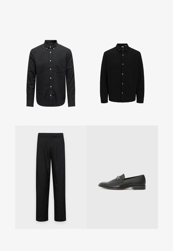 Melns krekliņš ar pogām, izgatavots no strukturētas auduma. Iekļauj norādītu apkakli, garas piedurknes un brūnas pogas priekšpusē.; Melnā pogu krekls, kas izgatavots no auduma, ar norādītu apkakli, garām piedurknēm, krūšu kabatu un baltām pogām.; Melnas bikses, izgatavotas no gludas auduma, ar taisnu kāju dizainu, divām priekšējām krokām un standarta jostu, kurai ir āķi.; Melna ādas loafer izmēra apavi ar gludu virsmu, piedāvā ar šūtu dizainu un dekoratīvu metāla ķēdes akcentu pār vampu. Plakana papēža daļa.