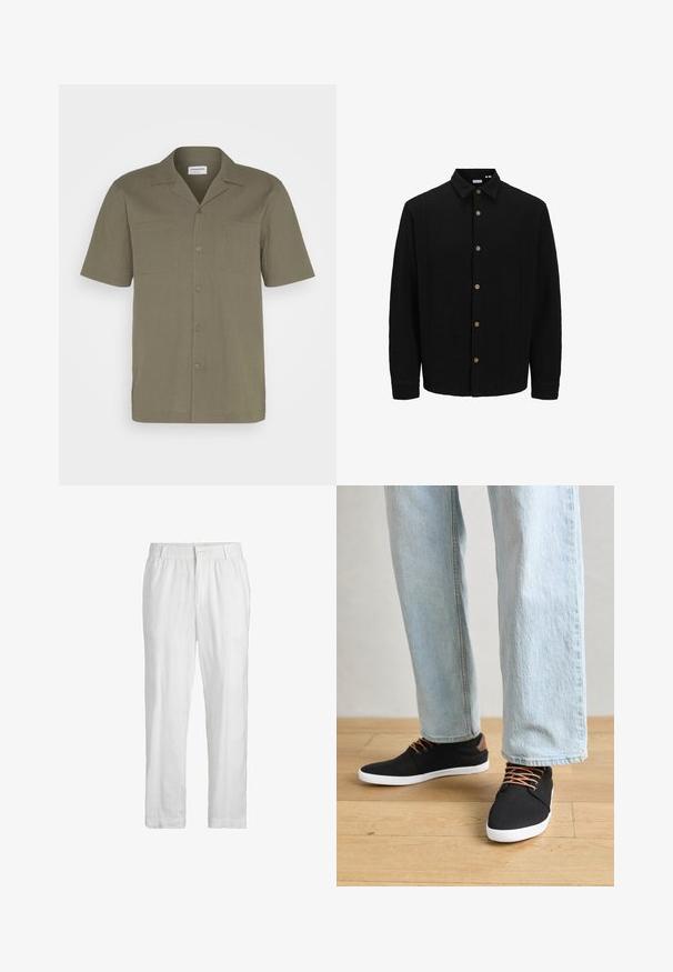 Juodas marškinėliai su priekyje užsegamomis mygtukais, pagaminti iš tekstūruoto audinio. Išskirtinės savybės – smailus apykaklė, ilgomis rankovėmis ir rudi mygtukai. ; Trumpo rankovėmis marškiniai alyvuogių žalia spalva, su faktūruota medžiaga, mygtukų uždarymu, smailiu apykakle ir dviem priekinėmis kišenėmis.; Baltos lininės kelnės su elastinga juosta ir priekinėmis sagutėmis. Audinys turi glotnų, lengvą tekstūrą ir tiesaus kirpimo dizainą.; Juodi drobės sportbačiai su rudos spalvos akcentais, baltais gumos padu, rudi raišteliai, derinami su šviesiai mėlynomis tiesiomis džinsinėmis kelnėmis. Medinis grindų fonas.