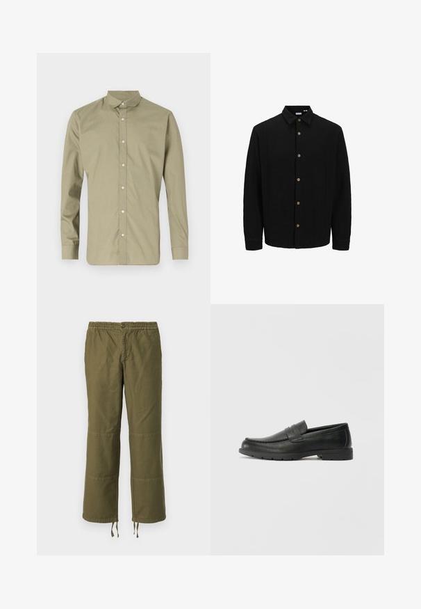 Camasa neagră cu nasturi, realizată dintr-un material texturat. Are guler ascuțit, mâneci lungi și nasturi maro pe față.; Cămașă de culoare verde oliv, cu guler ascuțit, mâneci lungi și o textură netedă, având nasturi din plastic transparent pe toată partea din față.; Pantaloni largi de culoare verde măsliniu, din bumbac, cu talie elastică, închidere cu nasture și detalii cu patch-uri contrastante pe genunchi.; Labeled cu oglindă din piele neagră cu un finisaj neted, partea superioară în stil mocasin, detalii cusute și o talpă din cauciuc. Design clasic cu un toc jos.