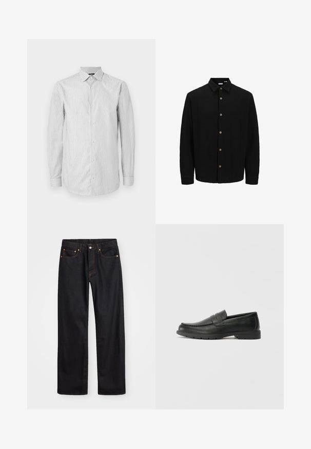 Juodas marškinėliai su priekyje užsegamomis mygtukais, pagaminti iš tekstūruoto audinio. Išskirtinės savybės – smailus apykaklė, ilgomis rankovėmis ir rudi mygtukai. ; Baltas ir šviesiai pilkas dryžuotas ilgomis rankovėmis marškinėliai su apykakle ir mygtukų uždarymu, turintis kontrastingus dryžuotus rankogalius ir lygią tekstūrą.; Vyrų tiesaus kirpimo juodi džinsai iš denim medžiagos, su penkiomis kišenėmis ir oranžinėmis siūlėmis, su mygtuko ir užtrauktuko uždarymu ant priekio.; Juodai odiniai loaferiai su sklandžiu paviršiumi, mokasino stiliaus viršus, siuvinėjimu ir guminėmis padangomis. Klasikinis dizainas su žemu kulnu.