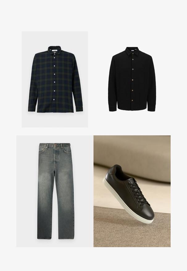 Camasa neagră cu nasturi, realizată dintr-un material texturat. Are guler ascuțit, mâneci lungi și nasturi maro pe față.; Cămașă cu mânecă lungă, în carouri, de culoare verde închis și bleumarin, fabricată din bumbac, având guler cu nasturi și placket cu nasturi în față.; Jack & Jones JJIALEX JJCOOPER - Blugi largi - black denim; Sneaker din piele neagră cu talpă din cauciuc alb și șireturi negre, plasat pe o suprafață și un fundal din material bej.