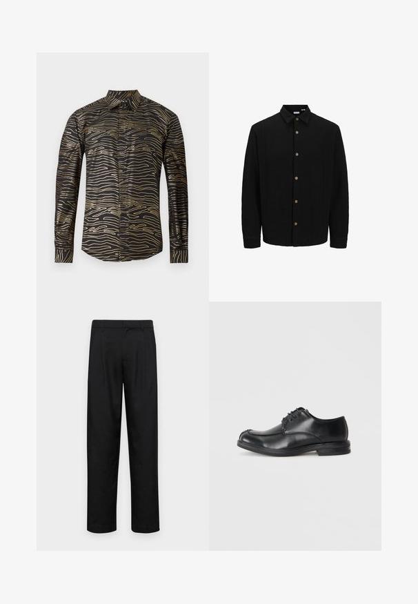 Camicia nera con bottoni, realizzata in tessuto testurizzato. Presenta un colletto a punta, maniche lunghe e bottoni marroni lungo il davanti.; Camicia nera con motivo ondulato dorato, maniche lunghe e colletto standard, realizzata in tessuto liscio con finitura lucida.; Pantaloni neri realizzati in tessuto liscio, caratterizzati da un taglio dritto, due pieghe frontali e una vita standard con passanti per la cintura.; Scarpe in pelle nera con stringhe, puntale arrotondato, texture liscia e tacco basso. Presentano dettagli di cucitura lungo la tomaia e i lati.