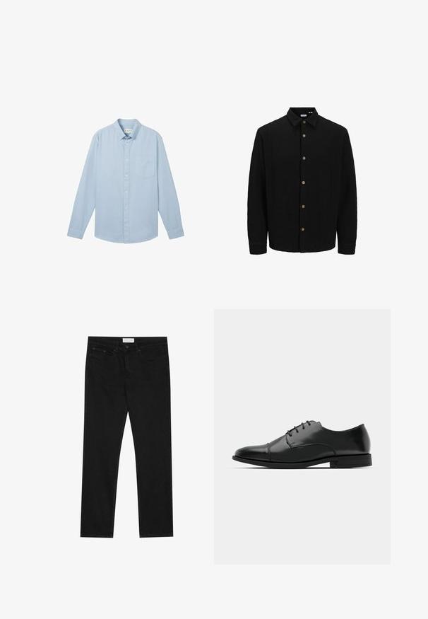 Melns krekliņš ar pogām, izgatavots no strukturētas auduma. Iekļauj norādītu apkakli, garas piedurknes un brūnas pogas priekšpusē.; Gai zils garām piedurknēm krekls, kas izgatavots no auduma ar reljefu rakstu, ar pogām aizdare un vienu krūšu kabatu.; Melni taisnie džinsi ar piecu kabatu dizainu, pogu un rāvējslēdzēja aizdari, un Pier One zīmola uzlīmi uz jostasvietas.; Melnas ādas vadmalas kurpes ar noapaļotu purngalu, saistījuma dizains, smalkas izšuvumu detaļas un zema papēža. Gluda tekstūra ar spīdīgu apdari.