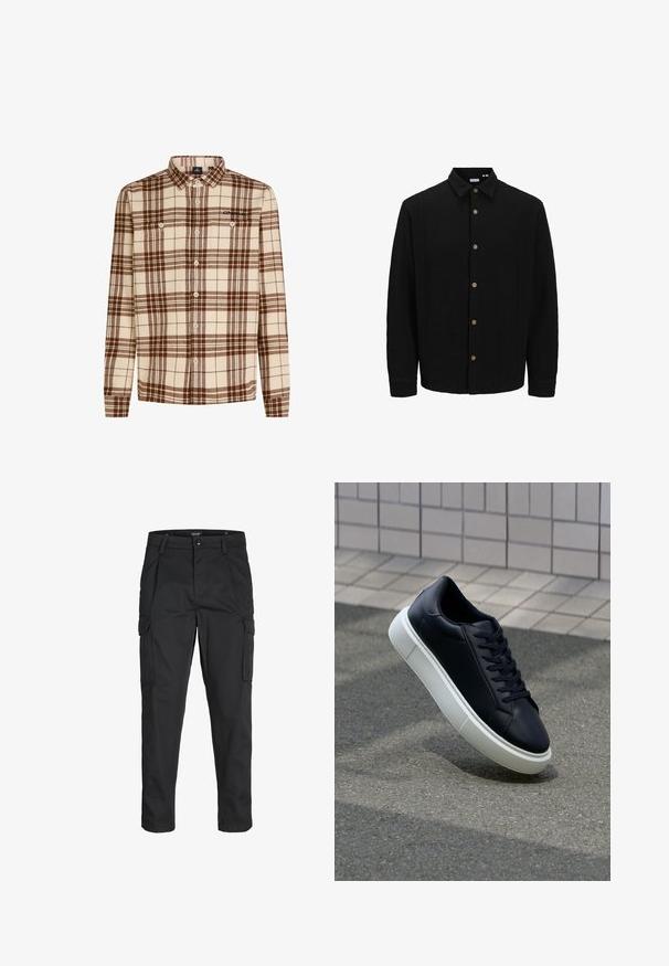 Zwarte button-up shirt van gestructureerde stof. Beschikt over een puntige kraag, lange mouwen en bruine knopen langs de voorkant.; Geruite overhemd gemaakt van zachte stof in beige en bruine tinten, met lange mouwen, een knoopsluiting aan de voorkant en twee borstzakken.; Zwarte cargobroek van stevig stof, met meerdere zakken, een knoopsluiting en een slim fit ontwerp met taps toelopende benen.; Zwarte leren sneaker met een ronde neus en een witte rubberen zool. Voorzien van platte veters en minimale stiksels op het bovenwerk. Textuurrijke zool voor grip.