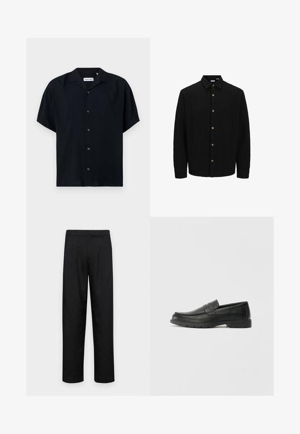 Črna srajca na gumb iz teksturirane tkanine. Ima usnjeni ovratnik, dolge rokave in rjave gumbe po sprednji strani.; Črna majica s kratkimi rokavi iz lahkega materiala, z ovratnikom, zapiranjem na gumb in sproščenim krojem. Enostaven, enobarven dizajn brez vzorcev.; Črne hlače iz gladkega materiala, s krojem ravne noge, dvema sprednjima pregiboma in standardnim pasom z zankami za pas.; Črne usnjene loafer čevlje z gladko površino, zgornjim delom v slogu mokasin, šivanimi detajli in gumijastim podplatom. Klasična zasnova z nizko peto.