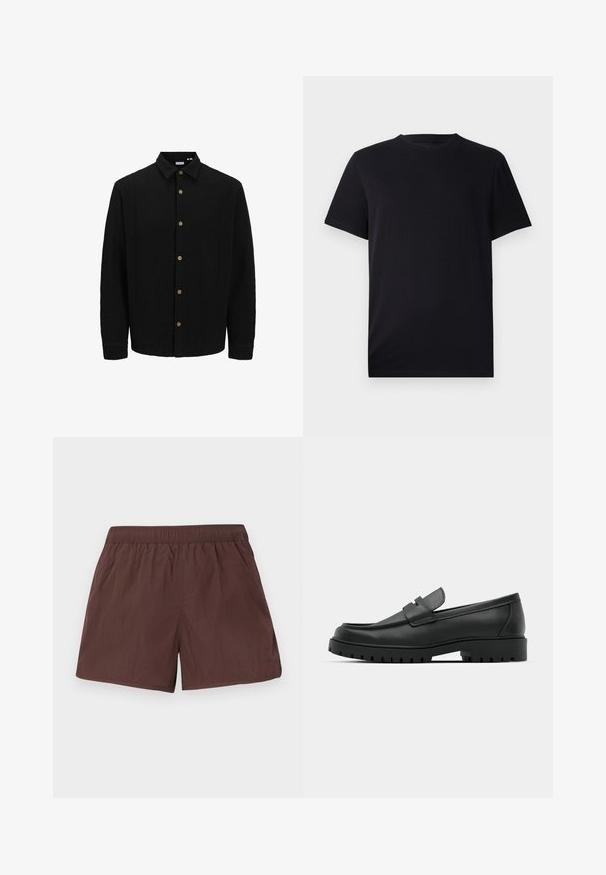 Crna košulja s dugim rukavima napravljena od teksturirane tkanine. Ima oštru kragnu i smeđe gumbe duž prednje strane.; Crna majica s kratkim rukavima izrađena od glatkog pamuka, s okruglim izrezom i klasičnim krojem bez uzoraka ili vidljivih dijelova.; Smeđi šortsevi s elastičnim pojasom i glatkim, laganim materijalom. Imaju jednostavan dizajn bez uzoraka ili vidljivih dodataka.; Crne kožne mokasine s zaobljenim vrhom, s ušivenim dizajnom, niskom platformom i teksturiranim, gumenim potplatom s izbočinama.