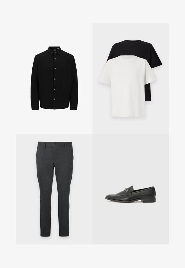 Crna košulja s dugim rukavima napravljena od teksturirane tkanine. Ima oštru kragnu i smeđe gumbe duž prednje strane.; Set pamučnih majica koji uključuje crnu i bijelu majicu, obje s kratkim rukavima, okruglim izrezom i klasičnim krojem. Tekstura tkanine.; Tamno sivi hlače s teksturiranim uzorkom, uskog kroja, standardnog struka s jednim gumbom i ravnim nogavicama, dizajnirane za suvremen izgled.; Crna kožna loafer cipela s glatkom finišem, s ušivenim uzorkom i dekorativnim metalnim lancem preko prednjeg dijela. Ravni potplat.