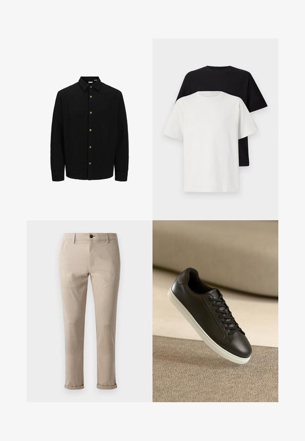 Chemise noire à boutons, fabriquée en tissu texturé. Caractéristiques : col pointu, manches longues et boutons marron sur le devant.; Ensemble de t-shirts en coton comprenant un haut noir et un haut blanc, tous deux à manches courtes, avec un col rond et une coupe standard. Tissu texturé.; Jack & Jones STMARCO FURY NOOS - Chino - atmosphere; Baskets en cuir noir avec une semelle en caoutchouc blanc et des lacets noirs, posées sur une surface et un fond en tissu beige.
