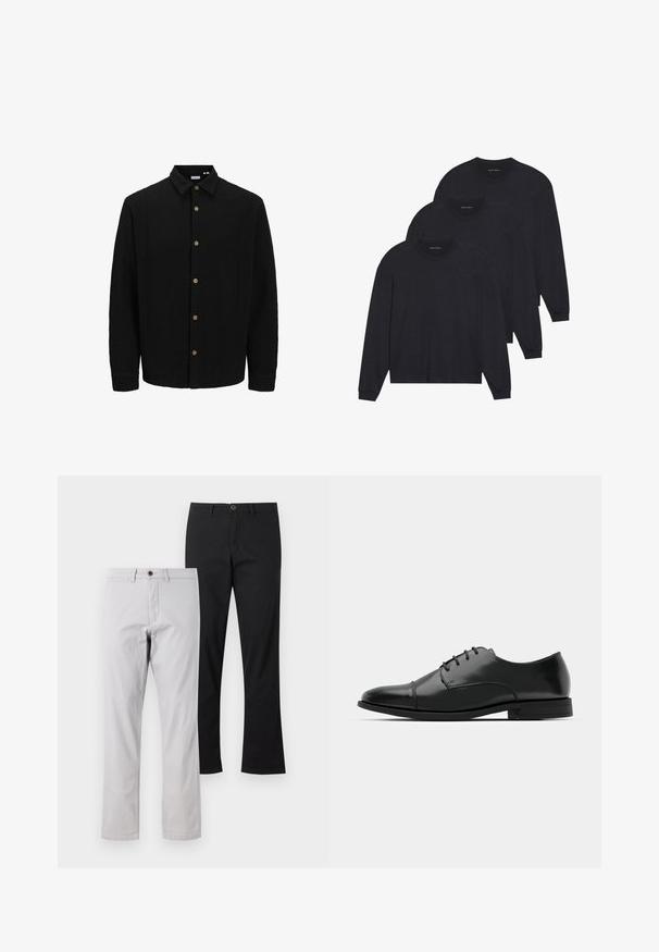 Juodas marškinėliai su priekyje užsegamomis mygtukais, pagaminti iš tekstūruoto audinio. Išskirtinės savybės – smailus apykaklė, ilgomis rankovėmis ir rudi mygtukai. ; Trys juodi ilgomis rankovėmis marškiniai, pagaminti iš minkštos medžiagos, su apvaliais kaklo iškirpimais ir prigludusiomis rankovėmis. Minimalistinis dizainas be matomų raštų.; Du keturių tiesių kojų kelnių poros: vienos šviesiai pilkos su rudais sagomis ir vienos solidžiai juodos. Abi turi lygią medvilnės tekstūrą.; Juodas odinis džinsinis batų modelis su apvaliu galiuku, raišteliu ir subtiliomis siūlėmis, taip pat žemu kulnu. Lygus pavirčius su blizgiu apdaila.