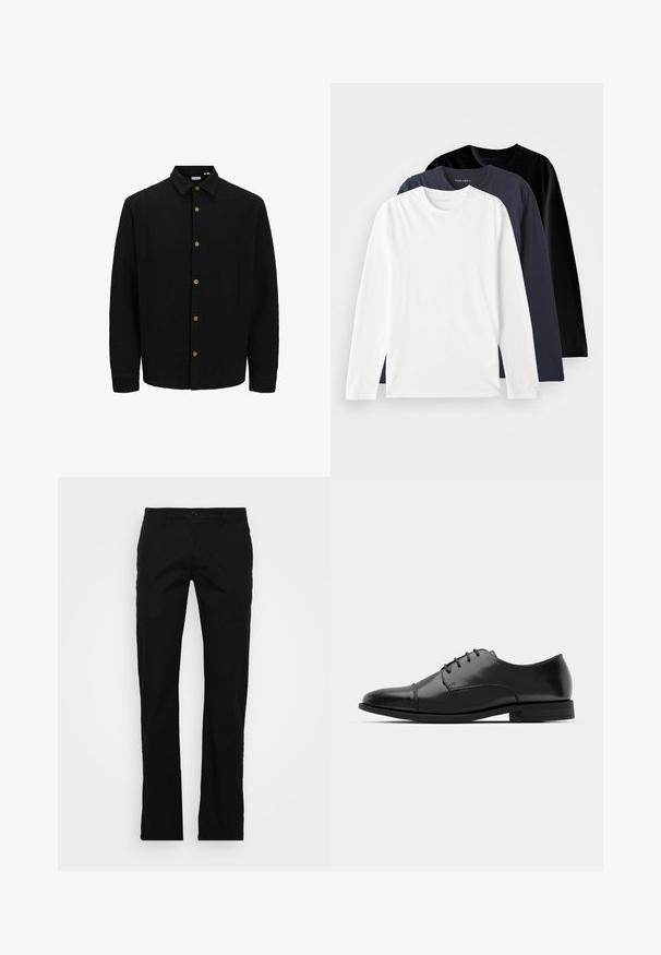 Črna srajca na gumb iz teksturirane tkanine. Ima usnjeni ovratnik, dolge rokave in rjave gumbe po sprednji strani.; Tri dolgi rokavi T-majic postavljene: ena bela, ena temno modra in ena črna. Narejene iz gladkega bombaža, z okroglimi izrezi in stranskimi razporki.; Črne hlače ravnega kroja iz bombažnega blaga, z gumbom za zapiranje, pasnimi zankami in preprostim dizajnom brez dodatnih vzorcev ali kovinskih delov.; Črne usnjene moške čevlje z zaobljenim nosom, s sistemom vezalk, diskretnimi šivi in nizkih petah. Gladka tekstura s sijočim zaključkom.