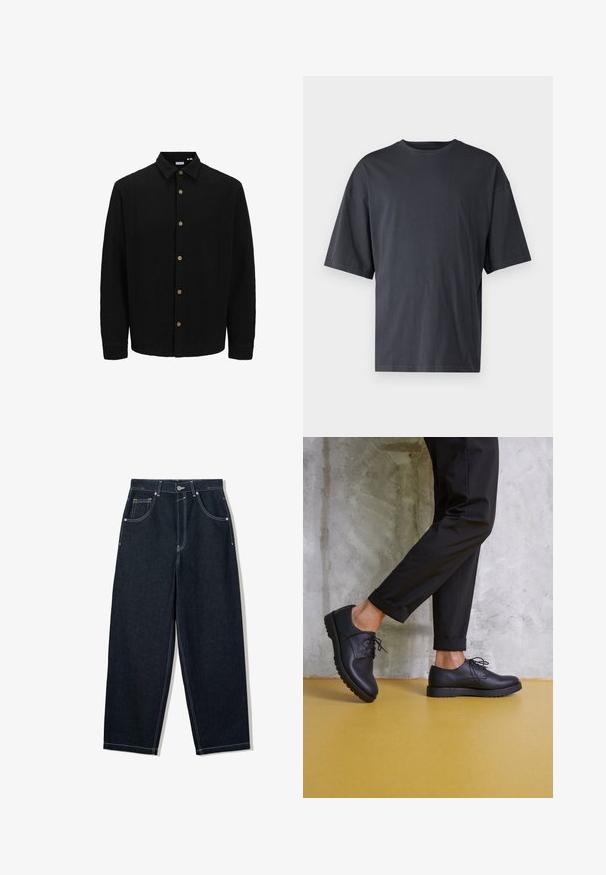 Fekete gombos ing, amely texturált anyagból készült. Jellemzője a hegyes gallér, hosszú ujjak és barna gombok az elején.; Sötét szürke, rövid ujjú póló, könnyű pamutból készült, laza szabással és klasszikus kerek nyakkivágással, sima textúrájú és minták nélküli.; Széles szárú, sötét farmernadrág kontrasztos fehér varrással, öt zsebbel és gombos záródással. Magas derék kialakítás jellemzi.; Fekete bőr, fűzős cipő, lekerekített orral, textúrált felülettel és vastag gumitalppal. Fekete, felgöngyölt nadrággal viselve, betontér háttérrel.