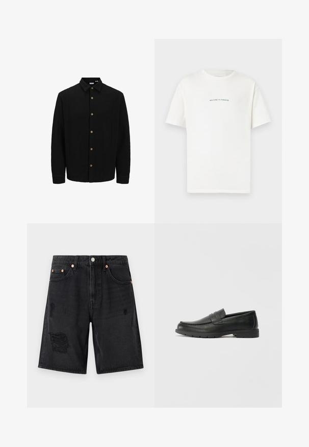 Camicia nera con bottoni, realizzata in tessuto testurizzato. Presenta un colletto a punta, maniche lunghe e bottoni marroni lungo il davanti.; T-shirt bianco in cotone con maniche corte e colletto a girocollo. Il testo centrato recita "BENVENUTO IN PARADISO" in un font verde curvo.; Shorts in denim nero con dettagli strappati, design a cinque tasche e accessori in tono rame. Il tessuto ha una texture liscia.; Mocassini neri in pelle con una finitura liscia, parte superiore in stile mocassino, dettagli cuciti e suola in gomma. Design classico con tacco basso.