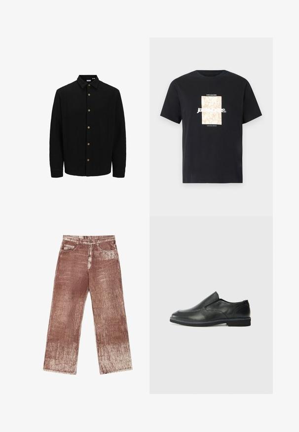 Zwarte button-up shirt van gestructureerde stof. Beschikt over een puntige kraag, lange mouwen en bruine knopen langs de voorkant.; Zwarte katoenen T-shirt met ronde hals. Kenmerkt een beige rechthoekige grafiek en witte tekst, "JAWO," gecentreerd op de voorkant. Korte mouwen.; Bruine denim jeans hebben een textuur met een gradient ontwerp en lichter vervaging. Ze zijn voorzien van vier zakken en naden van zilverhardware.; Zwarte leren instapper met een soepele bovenkant, gestikte accenten, ronde neus en een lage rubberen hak. De zool heeft minimale profiel.