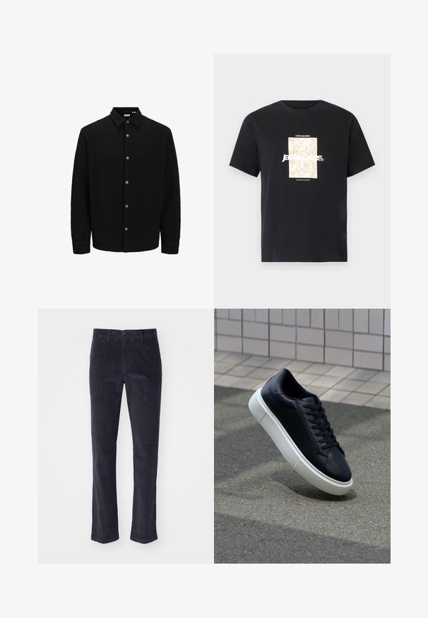 Juodas marškinėliai su priekyje užsegamomis mygtukais, pagaminti iš tekstūruoto audinio. Išskirtinės savybės – smailus apykaklė, ilgomis rankovėmis ir rudi mygtukai. ; Juodas medvilninis marškinėliai su apvaliu kaklu. Ant priekinės pusės yra smėlio spalvos stačiakampis grafikas ir baltas tekstas "JAWO", centrinėje dalyje. Trumpi rankoviai.; Tamsiai pilki kordūriniai kelnės su tiesiomis kojomis, kurios turi priekinį mygtuką ir šonines kišenes. Minkšta tekstūra su vertikaliomis linijomis.; Juodas odinis sportbačius su apvaliu pirštu ir baltu gumuotu padu. Turi plokščias raišteles ir minimalų siuvimą viršuje. Padangos tekstūra užtikrina sukibimą.