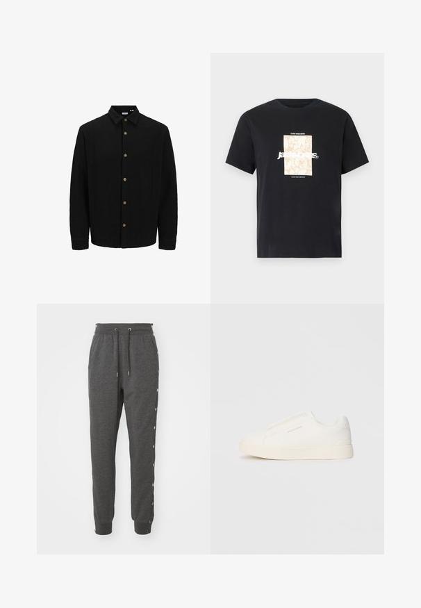 Schwarzes Hemd mit Knopfleiste aus strukturiertem Stoff. Verfügt über einen spitzen Kragen, lange Ärmel und braune Knöpfe entlang der Vorderseite.; Schwarzes Baumwoll-T-Shirt mit Rundhalsausschnitt. Hat eine beige rechteckige Grafik und weißen Text "JAWO", zentriert auf der Vorderseite. Kurze Ärmel.; Graue Jogginghosen aus weichem Stoff, mit einem Kordelzugbund, Knöchelbündchen und Druckknöpfen an den Seiten für einen einfachen Zugang.; Weiße Slip-On-Sneaker mit einer strukturierten Oberfläche, dicker Sohle und minimalistischem Design. Mit Logo der Marke an der Seite.