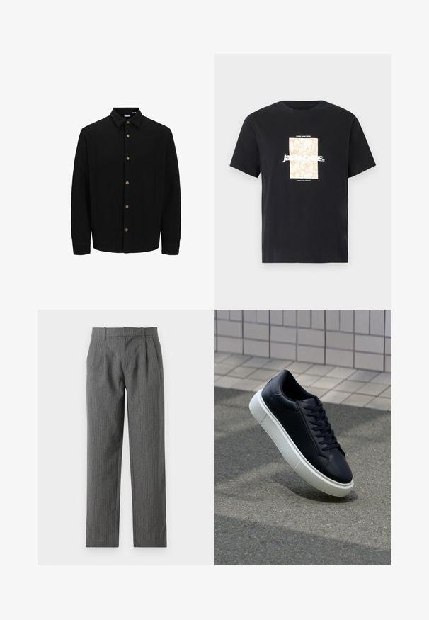 Črna srajca na gumb iz teksturirane tkanine. Ima usnjeni ovratnik, dolge rokave in rjave gumbe po sprednji strani.; Črna bombažna majica s krožnim izrezom. Ima bež pravokoten grafični vzorec in belo besedilo "JAWO," sredi spredaj. Kratke rokave.; Sive, prugaste hlače narejene iz strukturirane tkanine. Imajo visok pas z gubami in ravno krojenimi nogavicami.; Črne usnjene superge z zaobljenim prstom in belim gumijastim podplat. Imajo ravne vezalke in minimalno šivanje na zgornjem delu. Teksturirani podplat za oprijem.