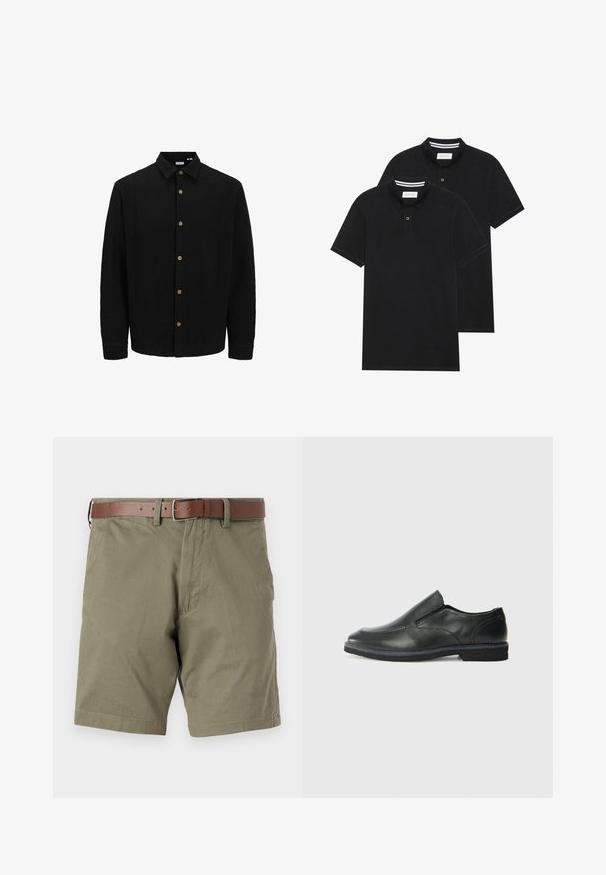 Svart skjorta med knappar framtill, tillverkad av strukturerad tyg. Den har en spetsig krage, långa ärmar och bruna knappar längs framsidan.; Två svarta polo t-shirts, kortärmade, i bomullsmaterial, med en klassisk krage, tvåknappsslutning och vita randiga accenter inuti kragen.; Olivgröna shorts i tyg, med ett brunt läderbälte, framfickor och rak nederkant. Slät textur och avslappnad design.; Svart lädersko i slip-on-modell med en slät ovandel, sömnadsdetaljer, rund tå och låg gummihäl. Sulan har minimal mönstring.