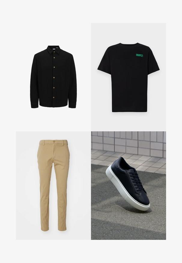 Črna srajca na gumb iz teksturirane tkanine. Ima usnjeni ovratnik, dolge rokave in rjave gumbe po sprednji strani.; Črna majica iz bombaža z kratkimi rokavi. Na sprednji strani ima zeleno logotip "ROOTS", okroglo ovratnico in standardno prileganje.; Kakhi hlače narejene iz lahkega bombaža, z obliko slim fit, gladko teksturo in standardnim pasom s gumbom na vrhu.; Črne usnjene superge z zaobljenim prstom in belim gumijastim podplat. Imajo ravne vezalke in minimalno šivanje na zgornjem delu. Teksturirani podplat za oprijem.