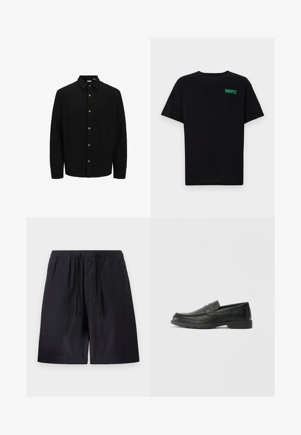 Črna srajca na gumb iz teksturirane tkanine. Ima usnjeni ovratnik, dolge rokave in rjave gumbe po sprednji strani.; Črna majica iz bombaža z kratkimi rokavi. Na sprednji strani ima zeleno logotip "ROOTS", okroglo ovratnico in standardno prileganje.; Črne kratke hlače z elastičnim pasom, ki vključuje vrvico, stranske žepke in lahkotno tkanino za udobje. Vidni so šivi.; Črne usnjene loafer čevlje z gladko površino, zgornjim delom v slogu mokasin, šivanimi detajli in gumijastim podplatom. Klasična zasnova z nizko peto.