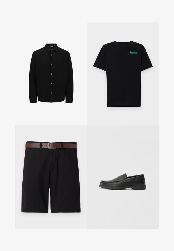 Camicia nera con bottoni, realizzata in tessuto testurizzato. Presenta un colletto a punta, maniche lunghe e bottoni marroni lungo il davanti.; T-shirt nera in cotone con maniche corte. Presenta un logo verde "ROOTS" sulla parte frontale, colletto rotondo e vestibilità standard.; Pantaloni corti neri in cotone con una cintura in pelle marrone. Il design include tasche frontali e una vestibilità dritta con orli rifiniti.; Mocassini neri in pelle con una finitura liscia, parte superiore in stile mocassino, dettagli cuciti e suola in gomma. Design classico con tacco basso.