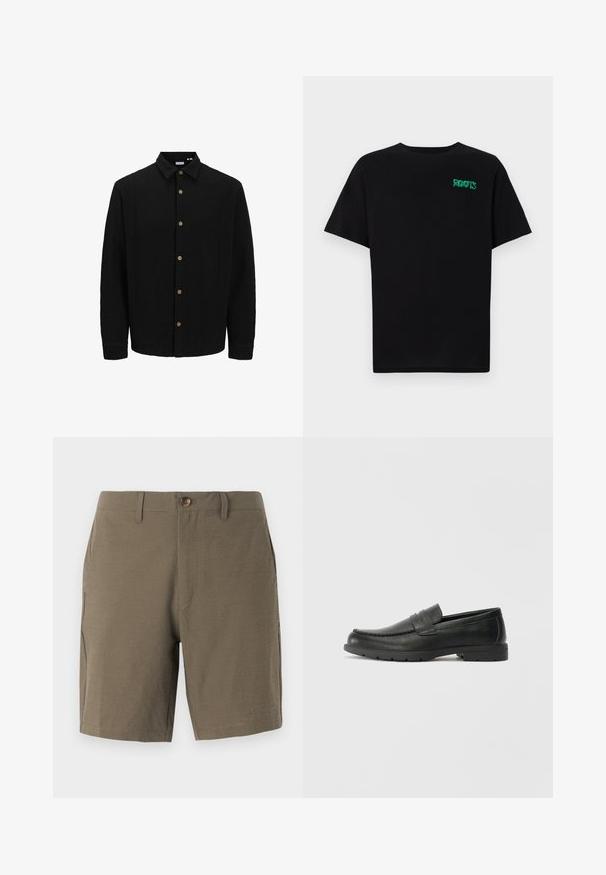 Čierna košela na gombíky vyrobená z textúrovanej látky. Má špicatý golier, dlhé rukávy a hnedé gombíky na prednej strane.; Čierne tričko s krátkymi rukávmi vyrobené z bavlny. Na prednej strane má zelené logo "ROOTS", okrúhly výstrih a štandardný strih.; Olivové šortky vyrobené z texturovanej tkaniny, s gombíkovým uzatváraním a plochým predným dielom, so bočnými vreckami pre väčšiu funkčnosť.; Čierne kožené mokasíny s hladkým povrchom, vrchnou časťou v štýle mokasín, prešitým detailom a gumovou podrážkou. Klasický dizajn s nízkym podpätkom.