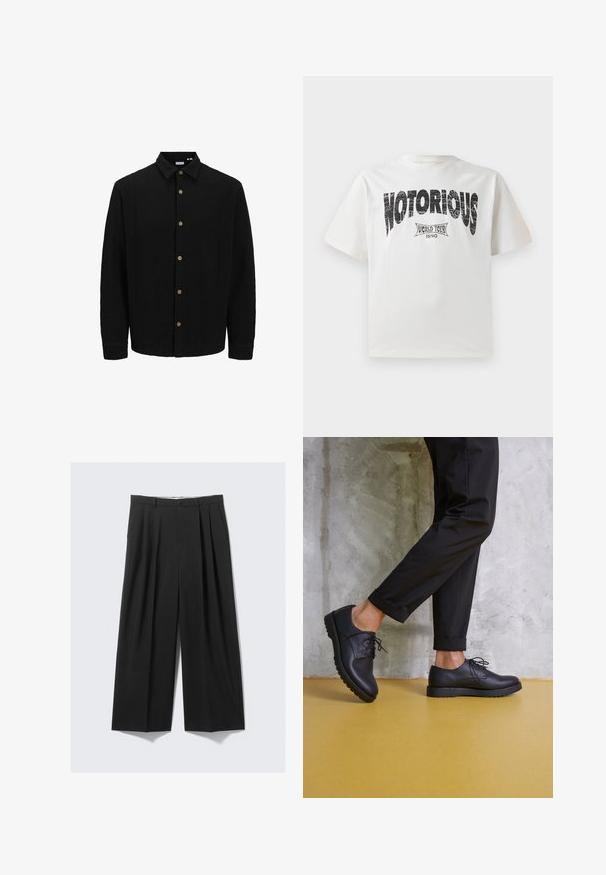 Schwarzes Hemd mit Knopfleiste aus strukturiertem Stoff. Verfügt über einen spitzen Kragen, lange Ärmel und braune Knöpfe entlang der Vorderseite.; Weißes Baumwoll-T-Shirt mit kurzen Ärmeln, das eine auffällige schwarze "NOTORIOUS" Grafik und das Design "WORLD TOUR 1990" darunter in verwittertem Druck zeigt.; Schwarze weit geschnittene Hose mit Falten, Knopfverschluss und Gürtelschlaufen, flach auf einem neutralen Hintergrund präsentiert.; Schwarze Leder-Schnürschuhe mit runder Zehenform, strukturierten Oberflächen und dicker Gummisohle. Getragen mit hochgekrempelten schwarzen Hosen vor einem Betonhintergrund.