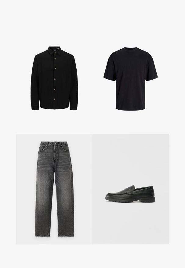 Must musta särk, mis on valmistatud tekstureeritud kangast. Omab teravat kraed, pikki varrukaid ja pruune nööpe esiküljel.; Must must on mustre, lühikeste varrukatega ja vabalt langev. Sile tekstuur ja ilma nähtavate mustrite või aktsentideta.; Kõrge vöökohaga, laiad teksad tuhmmust mustast denimist. Omab viit taskut, ees nupuga sulgemist ja vöökeele, peene hõõrdumisega.; Musthave nahkkingad siledast nahast, mokassiini stiilis ülevalt, tikanditega ja kummist tallaga. Klassikaline disain madala kontsaga.